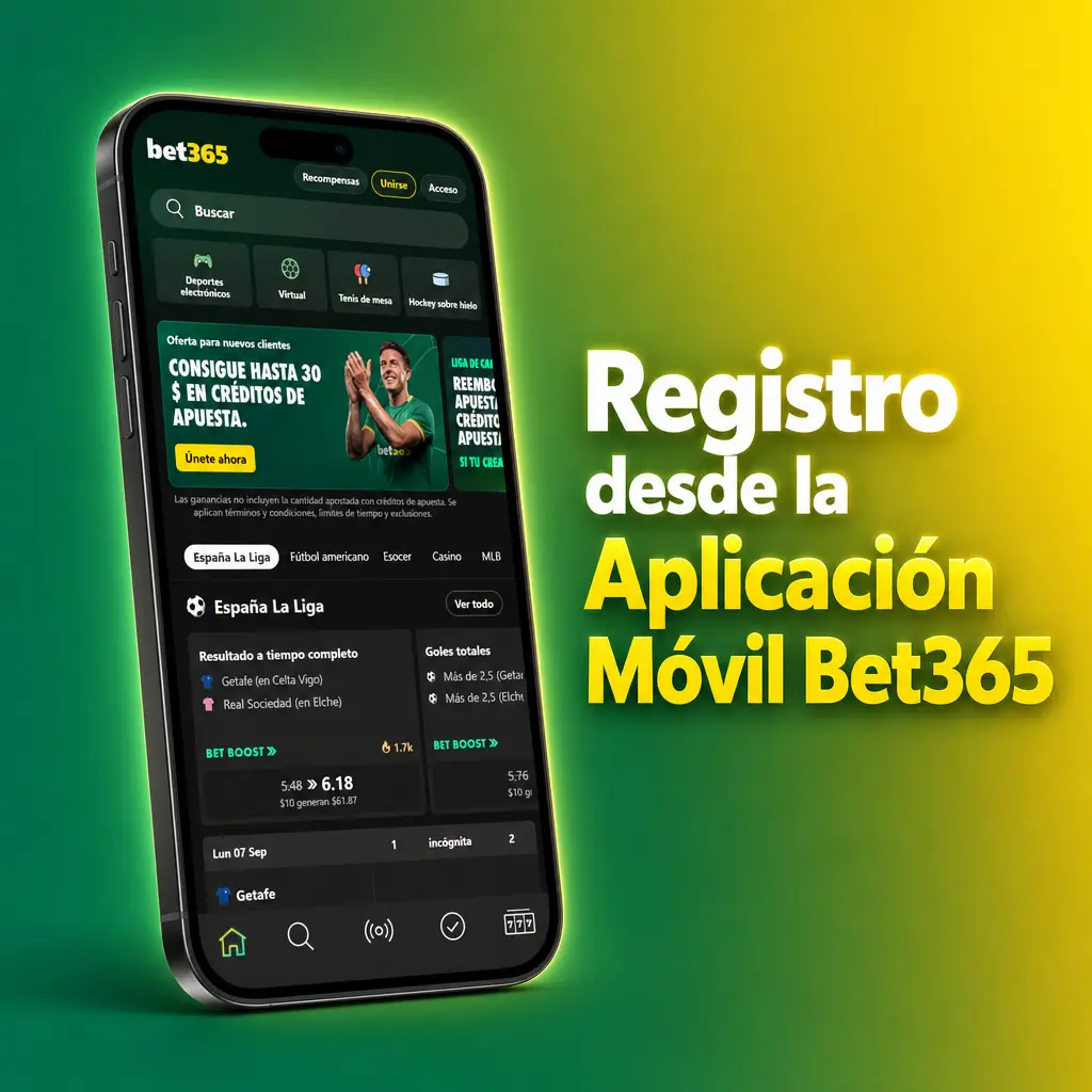 Pantalla de registro en la aplicación móvil Bet365 para crear una cuenta desde Android o iOS.